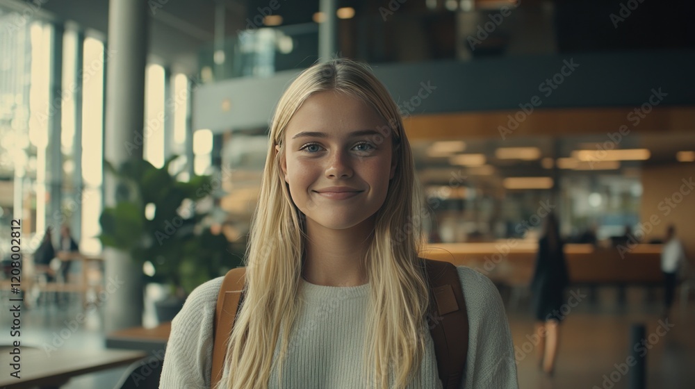 Portrait of a Smiling Young Woman with Blonde Braids in a Modern Building Portrait of a Smiling Young Woman with Blonde Braids in a Modern Building