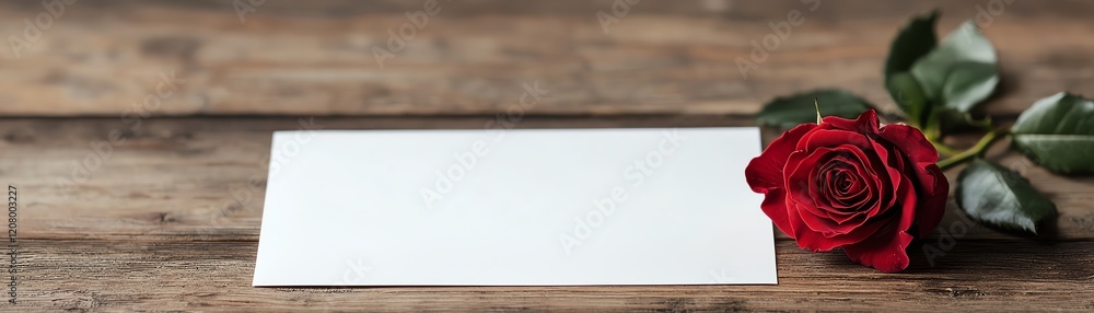 Naklejka premium A blank card beside a fresh red rose on a rustic wooden table.