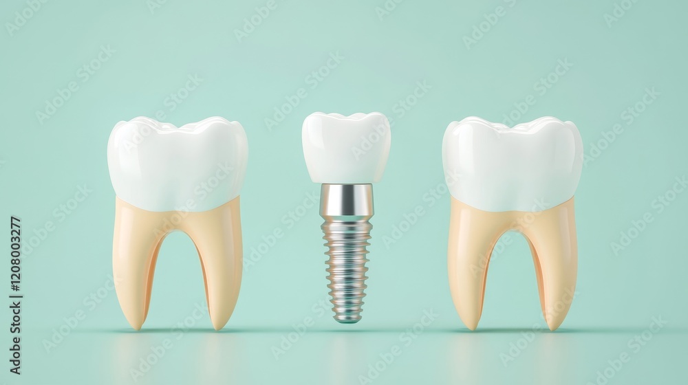 Dental Implants Concept Illustration Featuring Healthy Teeth and a Metal Implant Against a Soft Mint Green Background for Dental Health Promotion Dental Implants Concept Illustration Featuring Healthy Teeth and a Metal Implant Against a Soft Mint Green Background for Dental Health Promotion