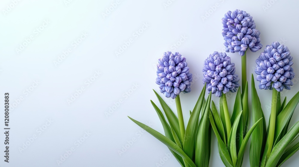 Naklejka premium Delicate muscari flowers resting on soft blue background, displaying gentle blue blossoms amid verdant green foliage