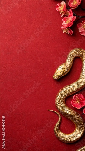 Wallpaper Mural Golden snake on red background with flowers Torontodigital.ca