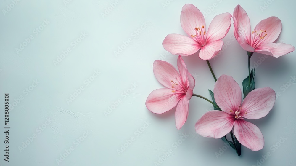 Gentle pink flowers arranged on a soft light blue backdrop, creating a tranquil and minimalist composition with copy space Gentle pink flowers arranged on a soft light blue backdrop, creating a tranquil and minimalist composition with copy space