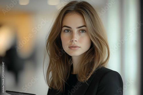 Free Download Young CEO businesswoman stands in modern office environment. Portrait of confident woman at the workplace embodying professionalism and leadership - GFXLoad