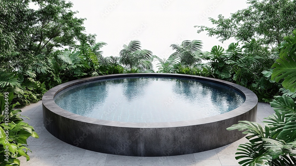 Elegant Round Pool Surrounded by Lush Green Plants in Isolation Elegant Round Pool Surrounded by Lush Green Plants in Isolation
