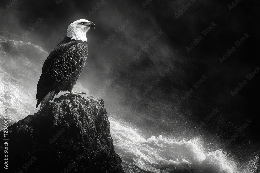 Fototapeta premium A majestic bald eagle perches on a dark rock, overlooking powerful, turbulent waves.