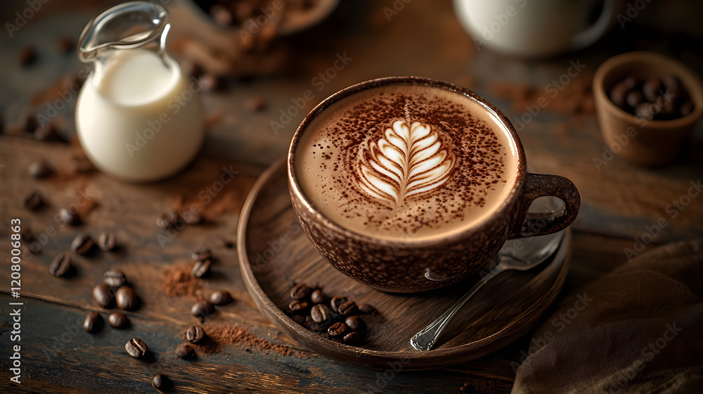 Artistic Mocha Coffee with Latte Art in Cozy Rustic Setting, Surrounded by Coffee Beans and Milk