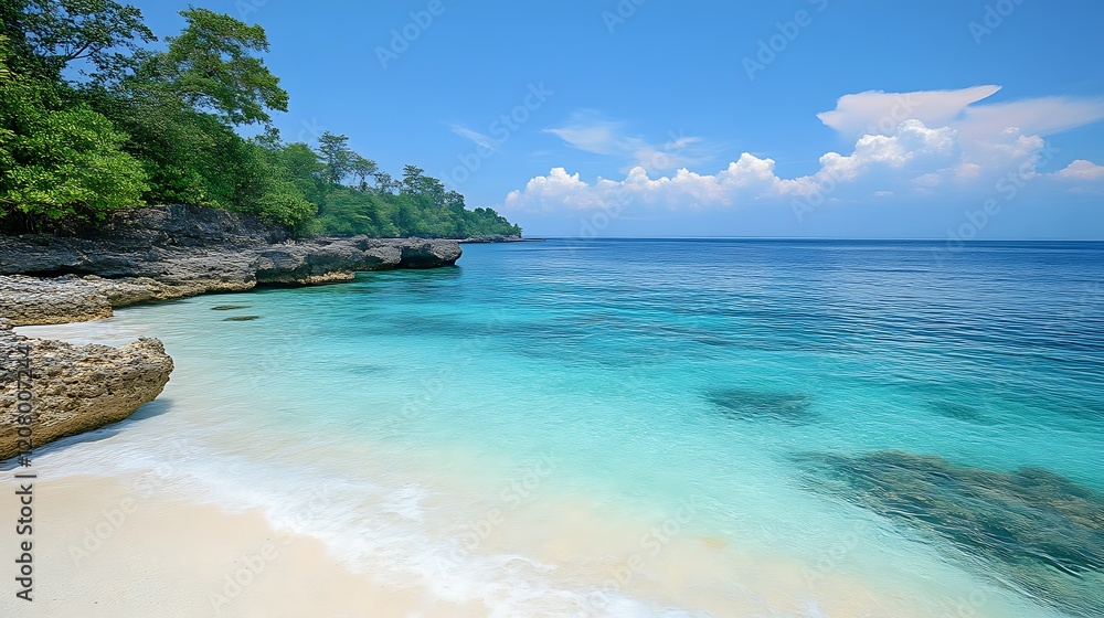 Obraz premium Serene Tropical Beach Scene With Lush Green Foliage