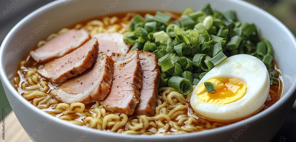 Bowl of hearty ramen with sliced pork boiled egg and fresh green onions Bowl of hearty ramen with sliced pork boiled egg and fresh green onions