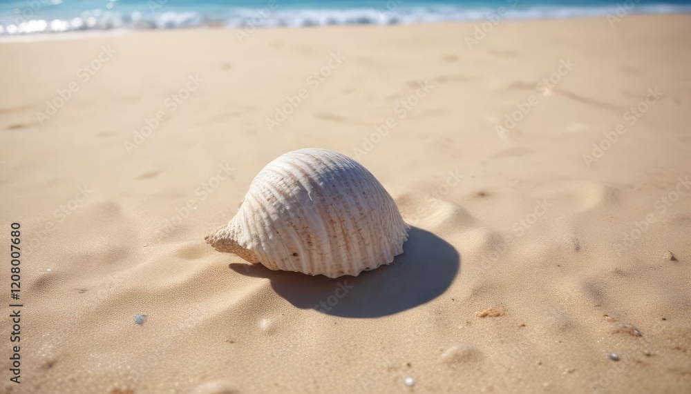 Big empty seashell lying in the warm soft sand of a beautiful seaside location with clear blue waters, empty seashell, ocean landscape Big empty seashell lying in the warm soft sand of a beautiful seaside location with clear blue waters, empty seashell, ocean landscape