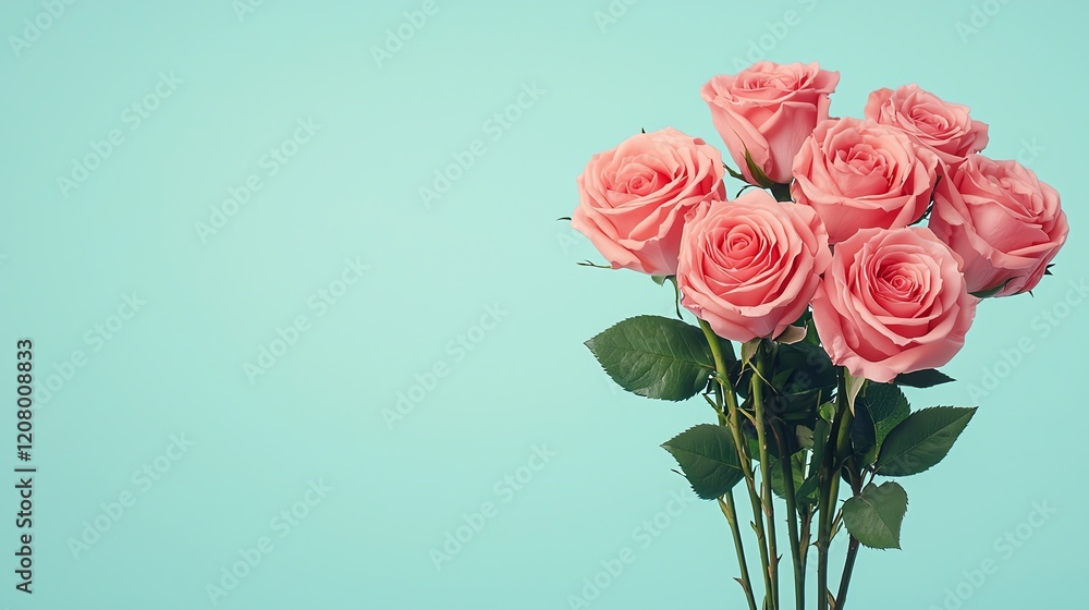 Fototapeta premium A stunning bouquet of pink roses against a soft turquoise background.