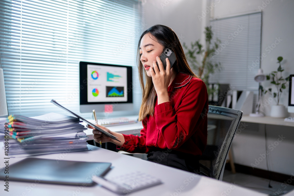Obraz premium A woman in a red shirt is talking on her cell phone while sitting at a desk with