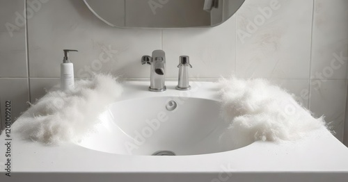 Bathroom sink covered in thick white fuzz, resembling a viral outbreak, moldy surfaces, cleanless photo