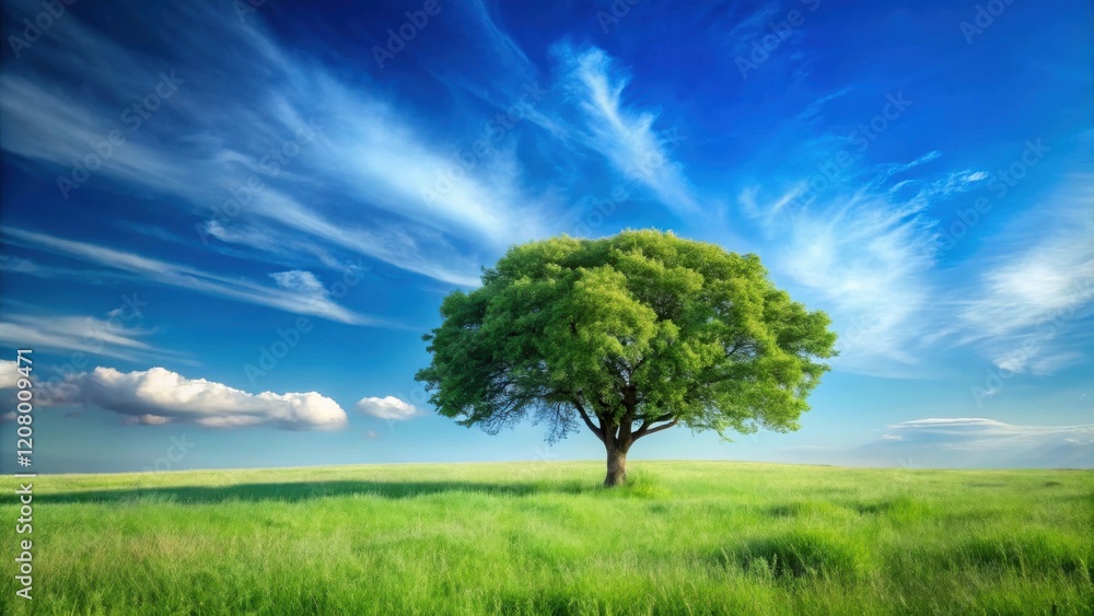 Fototapeta premium Serene Landscape Single Lush Green Tree in Vibrant Meadow Under a Blue Sky with Wispy Clouds