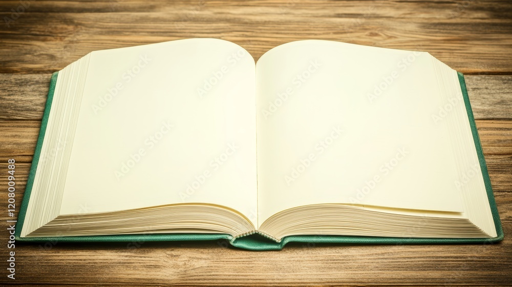 Fototapeta premium Open Book on Wooden Table, Blank Pages, Rustic Setting