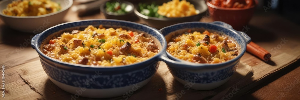Baked rice casserole served in a ceramic bowl, homemade meal, golden brown rice