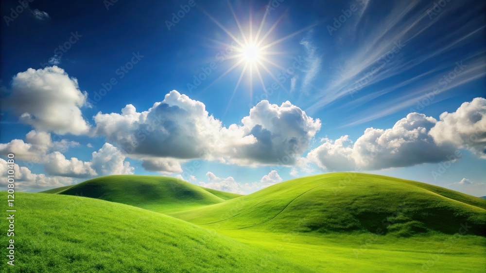 Serene landscape of rolling green hills under a vibrant sunny sky with fluffy white clouds Serene landscape of rolling green hills under a vibrant sunny sky with fluffy white clouds