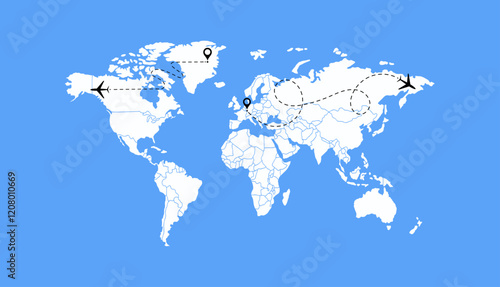 Dotted Direction Paths And Map Pointers Over World Map., Airplanes World Map, Vector illustration 