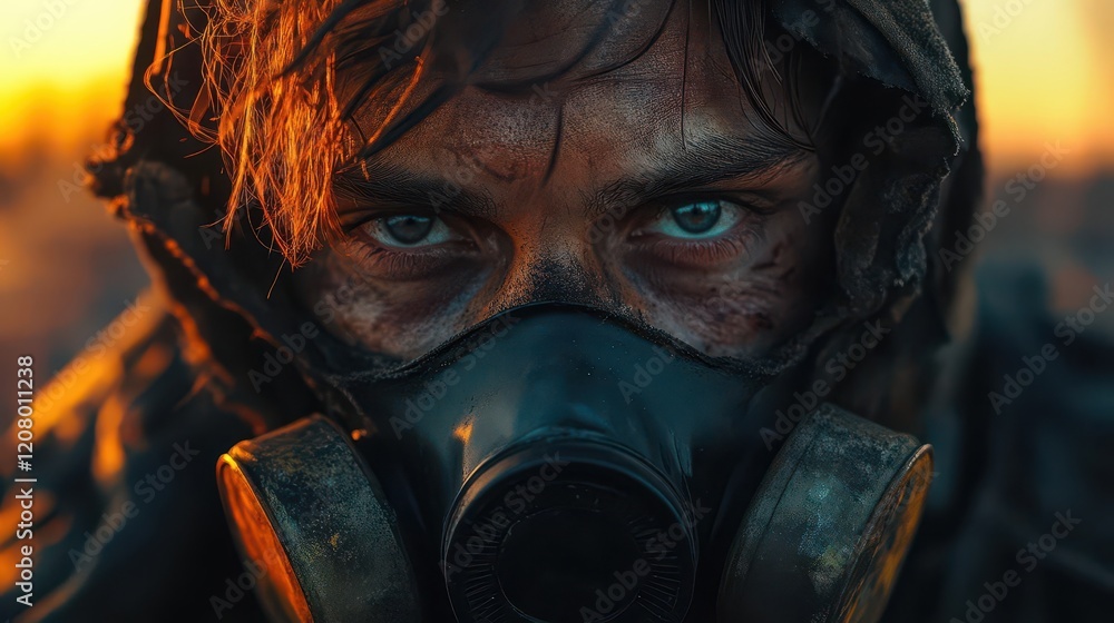 postapocalyptic portrait of a weathered survivor with piercing eyes wearing tattered protective gear and battle scars amid ruins bathed in dusty sunset light postapocalyptic portrait of a weathered survivor with piercing eyes wearing tattered protective gear and battle scars amid ruins bathed in dusty sunset light