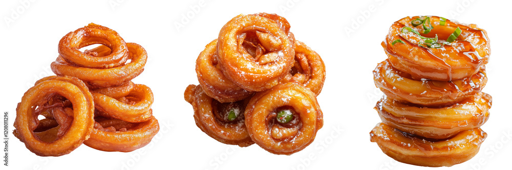 A pile of freshly made crispy jalebis on a transparent background A pile of freshly made crispy jalebis on a transparent background