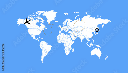 Dotted Direction Paths And Map Pointers Over World Map., Airplanes World Map, Vector illustration 
