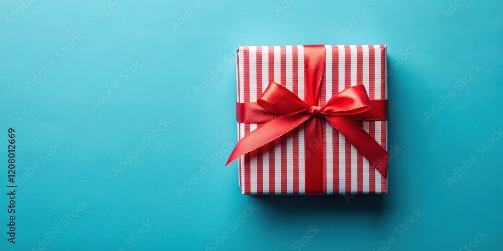 Fototapeta premium A single red and white striped gift box with a bright red ribbon bow sits on a light blue background
