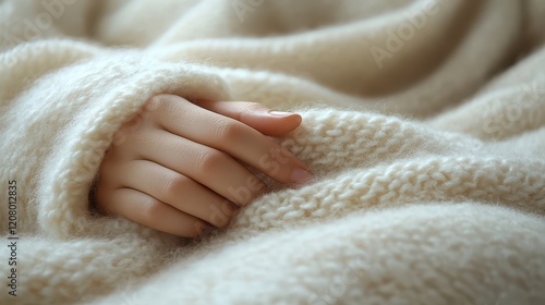 An intimate close up of a human hand gently resting on a soft wool blanket showcasing the texture and warmth of the fabric creating a peaceful and comforting atmosphere of home