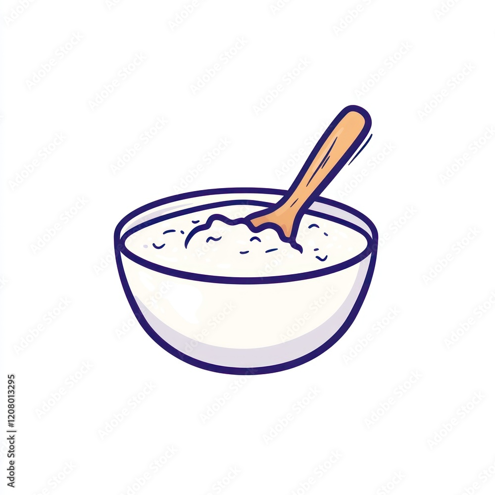 Spoon in a bowl of white food for breakfast, cooking, or meal preparation illustration Spoon in a bowl of white food for breakfast, cooking, or meal preparation illustration