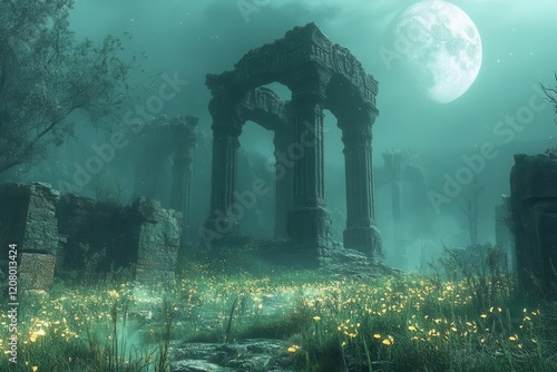 ancient temple ruins overtaken by bioluminescent flora mystical bluegreen light emanating from alien plant life under twin moons photo