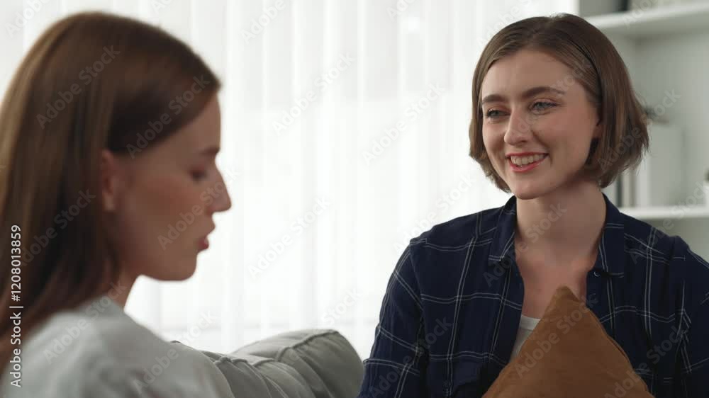Happy patient and psychologist exchanging mental health conversation in clinic with positive emotion while explaining prim successful work and life to psychologist at psychologist clinic office Happy patient and psychologist exchanging mental health conversation in clinic with positive emotion while explaining prim successful work and life to psychologist at psychologist clinic office