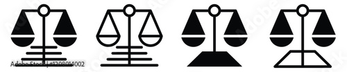 Scale icon set. Scales of justice flat icon set. Vintage scale in balance and equilibrium. Vector illustration.