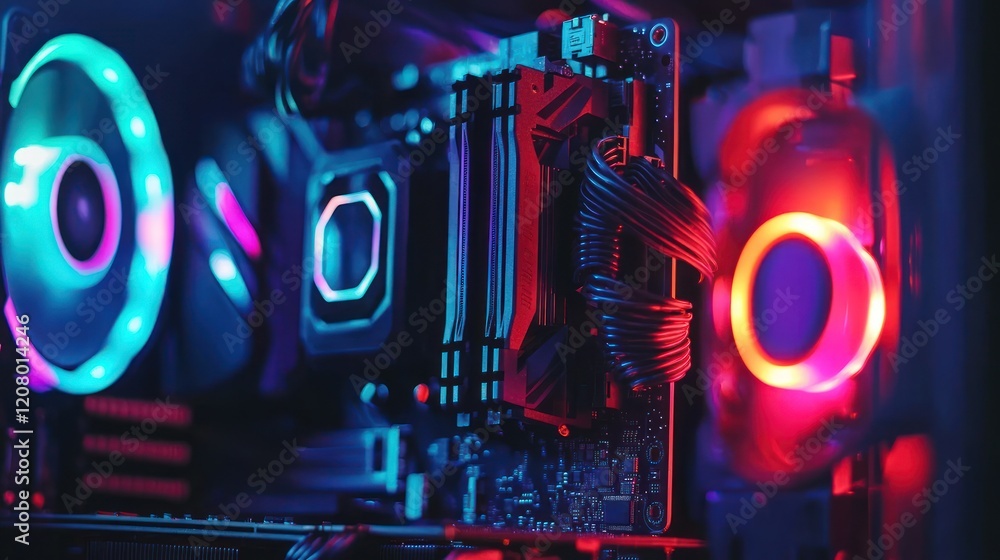 Fototapeta premium RGB PC Components Close-Up: Neon Lights and Hardware Aesthetics