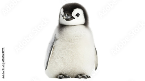 Adorable fluffy emperor penguin chick, isolated on white background. Perfect for children's books, websites, and educational materials.