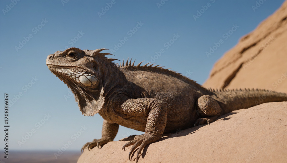 Fototapeta premium Brown Iguana Basking Happily on a Sandy Rock against a Clear Blue Sky