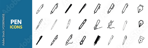 collection of pen icons showcasing various fountain pens and writing points in solid black silhouettes. 