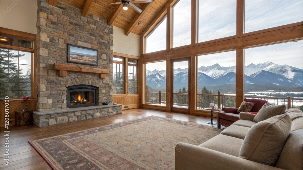 Mountain View Living Room with Stone Fireplace, Large Windows, Cozy Interior Design,Rustic Decor, Cozy Living Room, Mountain Scenery Rustic,Mountain Home Mountain View Living Room with Stone Fireplace, Large Windows, Cozy Interior Design,Rustic Decor, Cozy Living Room, Mountain Scenery Rustic,Mountain Home