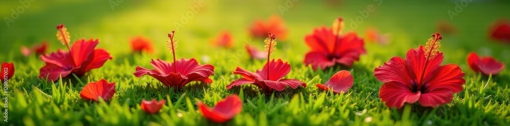 Red hibiscus petals scattered on a soft grassy floor, natural light, warm weather, wildflowers Red hibiscus petals scattered on a soft grassy floor, natural light, warm weather, wildflowers