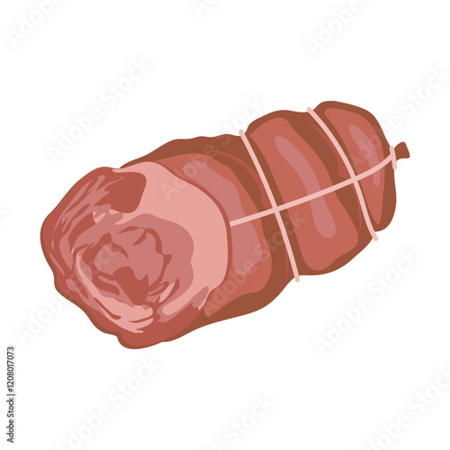 Ham in rope in flat design. Deli sausage in net, butchery product menu. Vector illustration isolated.
