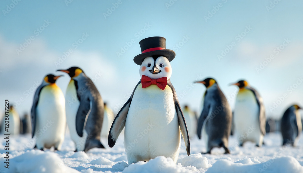 Fototapeta premium Happy penguin in a top hat and bowtie standing on snow, funny animals