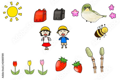 Spring set (春のイラストセット、ランドセル、チューリップ、いちご、つくし、ハチ、メジロ、梅)
