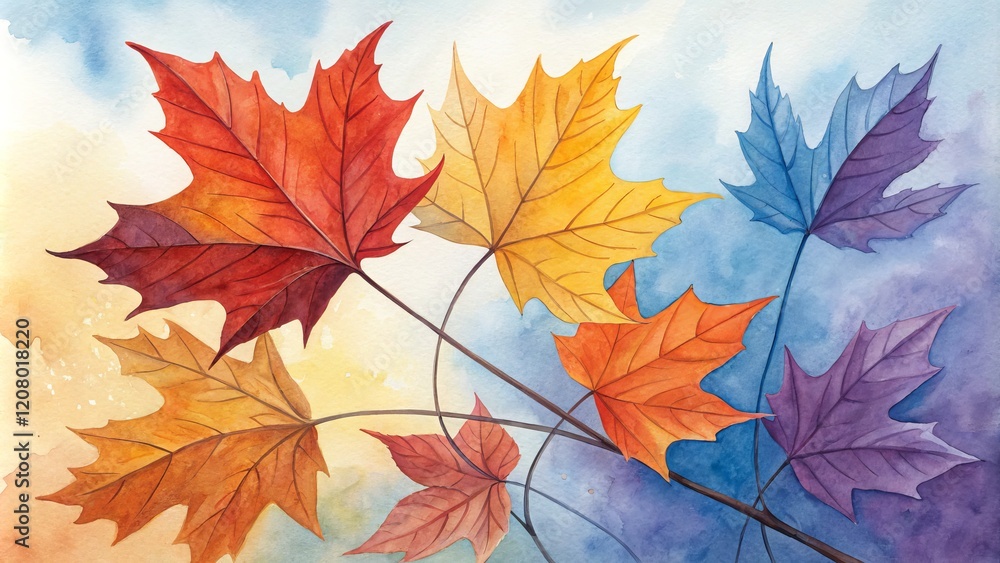Obraz premium Watercolor Autumn Leaves Five Maple Leaves in Vibrant Hues, Abstract Composition, Fall Foliage Painting, Nature Art Autumn leaves, watercolor painting