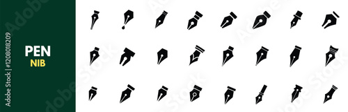 Collection of pen nib icons showcasing various fountain pen tips and writing points in solid black silhouettes. 