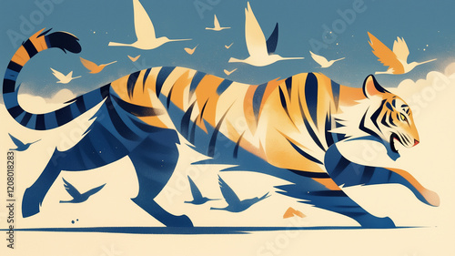 Tiger creative illustration graphic design. Tiger concept poster. Digital raster bitmap. AI artwork. 