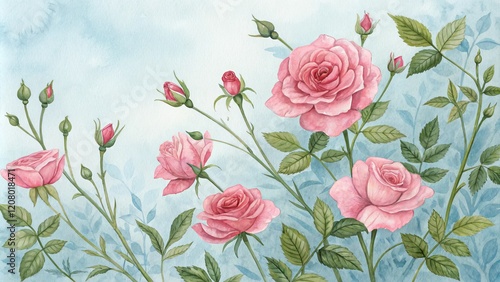 Wallpaper Mural Watercolor Pink Roses Floral Botanical Composition, Pastel Blue Background, Romantic Garden Concept, Rose Painting, Watercolor Flowers Rose art, Botanical illustration Torontodigital.ca