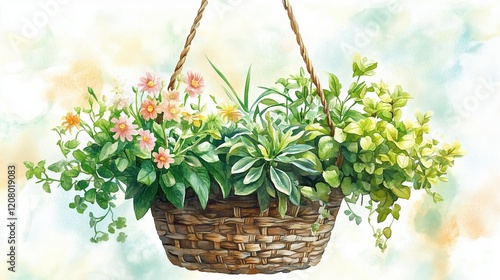 Watercolor Potted Flowers in Bloom, Vibrant Watercolor Art of Potted Flowers, Perfect for Garden Decorate and Botanical Illustrations