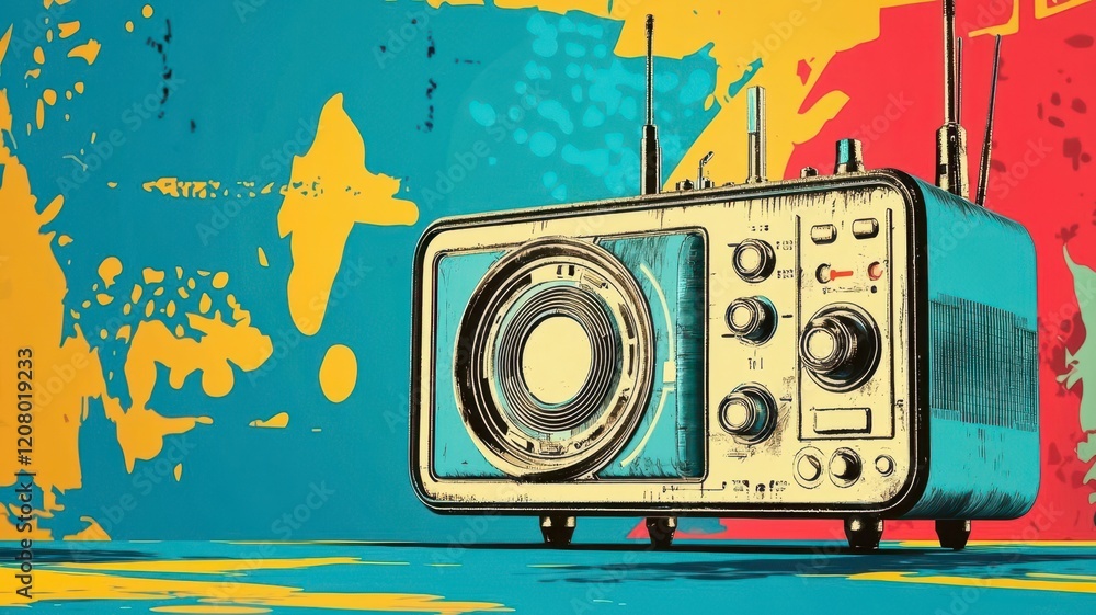 Fototapeta premium World radio day radio international concept. A retro radio sits against a vibrant, colorful background, combining nostalgic design with modern artistic flair.