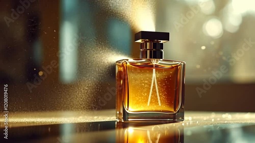 Luxurious Perfume in Golden Bottle, Sparkling Mist