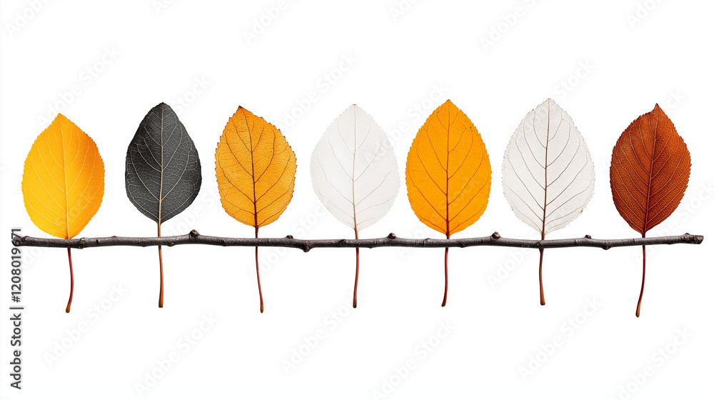 Fototapeta premium Autumn Tree Branch with Six Vibrant Orange Leaves on White Background – Minimalist Nature Photography Showcasing Fall Serenity