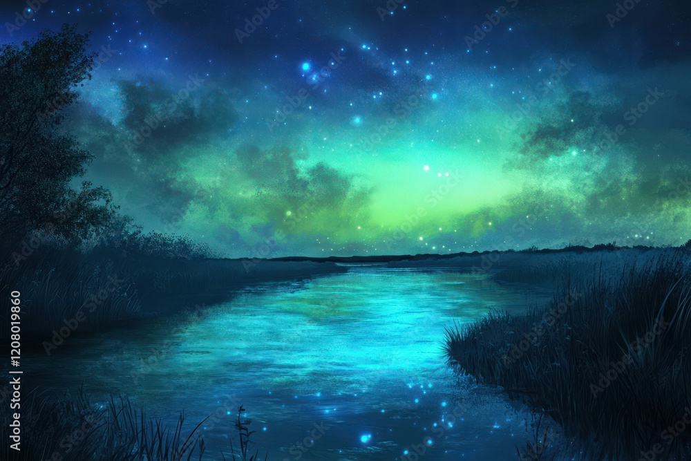 Fototapeta premium Serene Night River Scene Under Starlit Sky