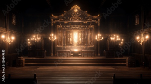 Ornate Golden Altar in Dark Wooden Chapel