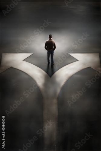 Man standing at a crossroads contemplating two paths on a dark and mysterious background